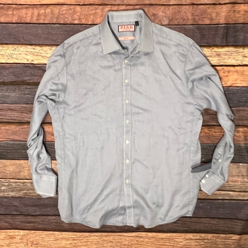 Thomas Pink Button Down Blue Long Sleeve Dress Suit Slim Fit Shirt Mens